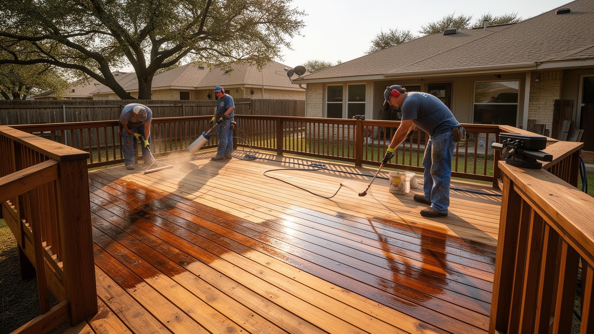 Professional deck maintenance service in progress on a San Antonio backyard deck