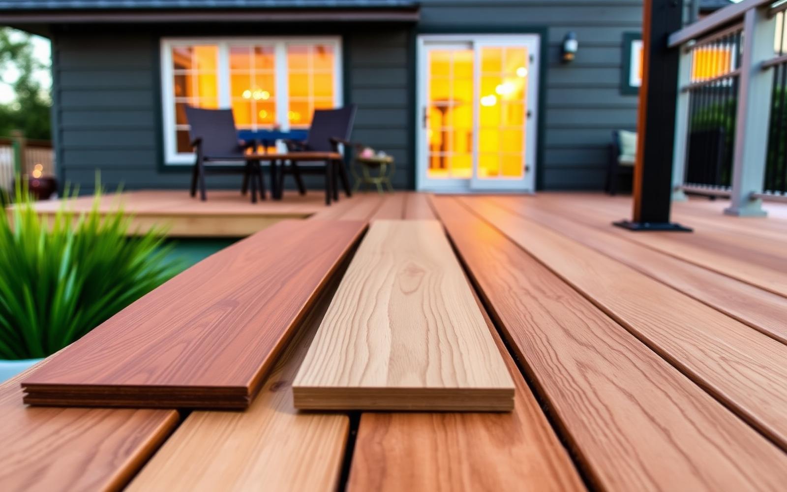 Composite, PVC, and natural wood decking material samples on a modern San Antonio, TX deck