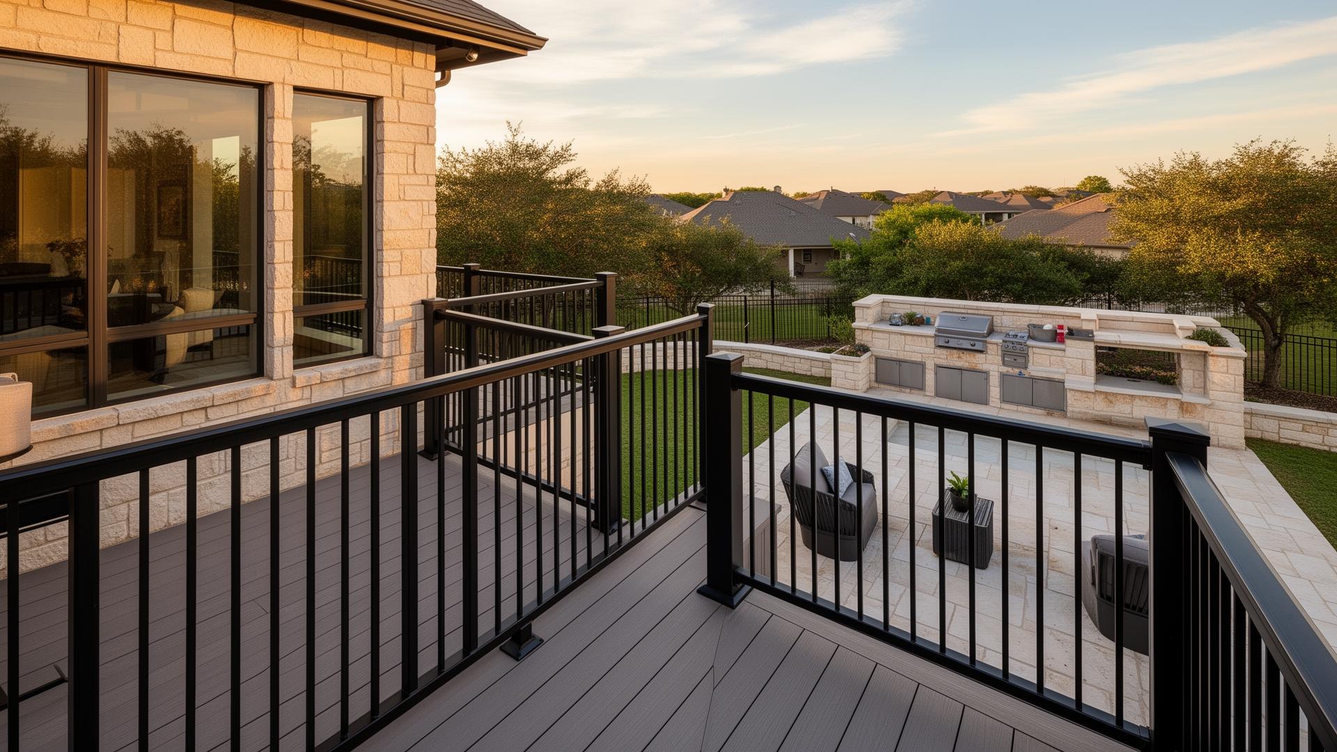 Modern black metal and composite deck railing installation on a luxury San Antonio backyard deck