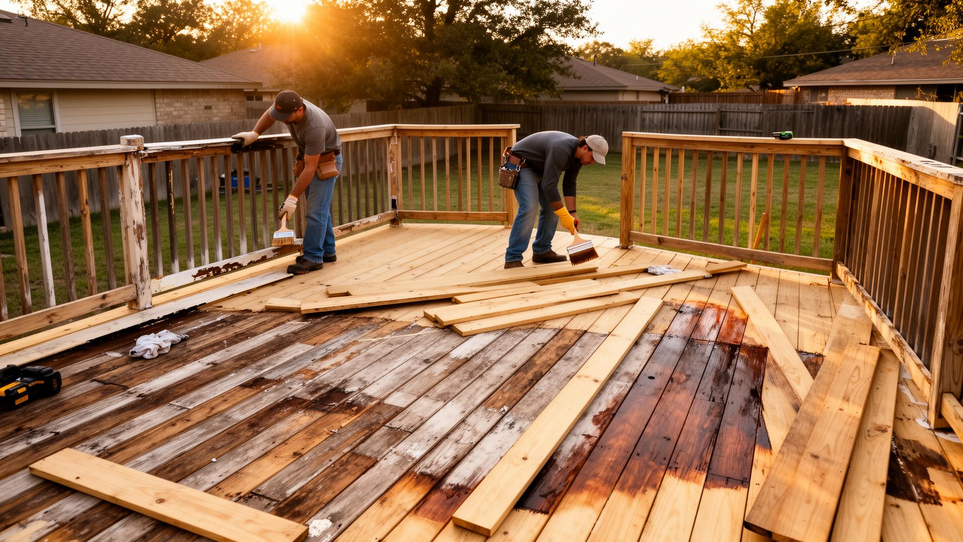 Contractor repairing and restoring a weathered backyard deck in San Antonio