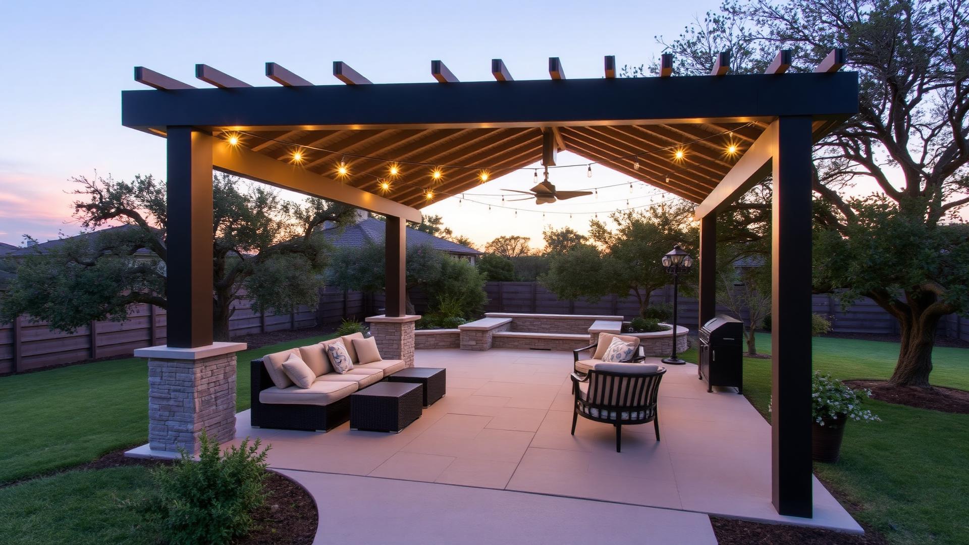 Covered patio with pergola and outdoor seating in a San Antonio, TX backyard
