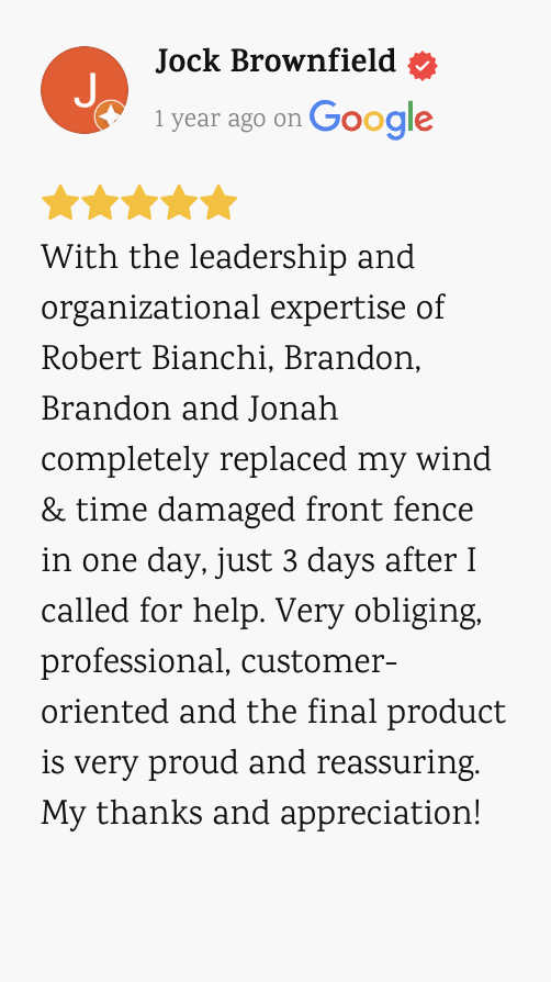 5-star Google review from Jock Brownfield praising the fence replacement team