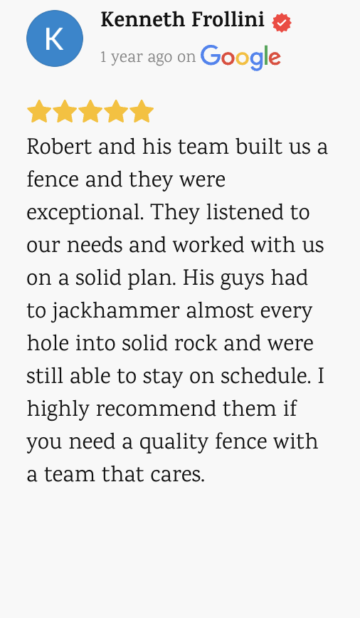 5-star Google review from Kenneth Frollini praising the fence build team