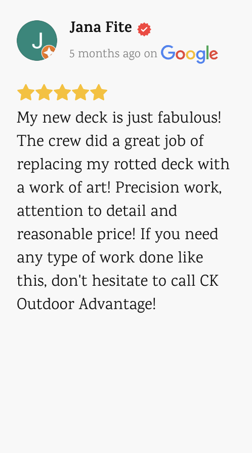5-star Google review from Jana Fite praising the deck replacement work